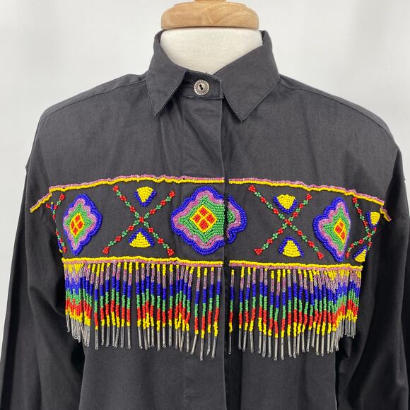 Vintage Western Shirt Cotton Button Down Front Beaded Fringe Black Womens Medium - Picture 3 of 11